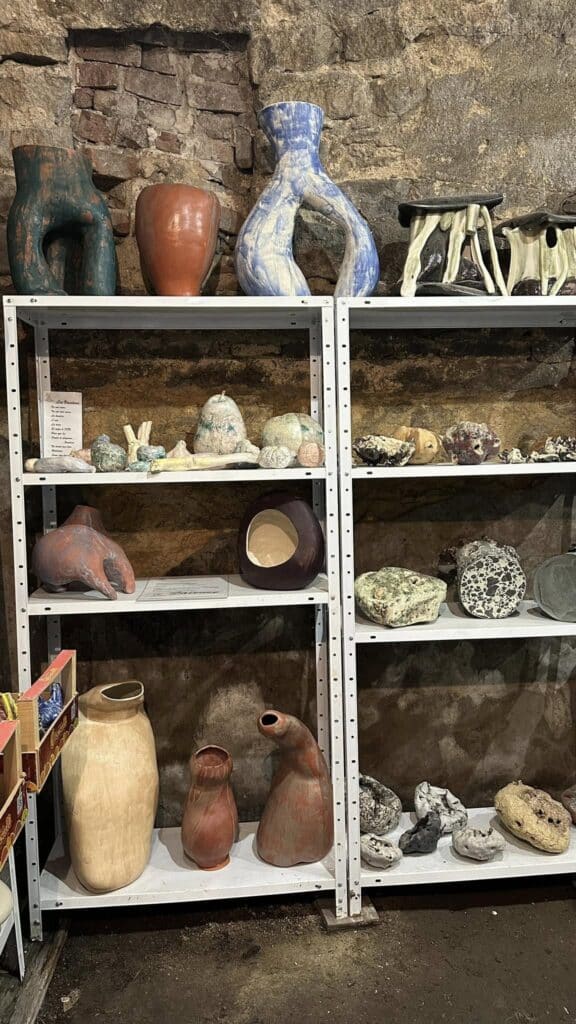 Sculptures céramiques organiques et vases texturés, bleu et terre cuite, exposés sur des étagères métalliques devant un mur de pierre brute.