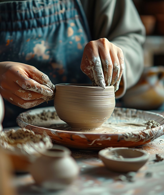 Potier façonnant une tasse en argile sur un tour Mains de potier couvertes d'argile travaillant à façonner le bord d'une tasse sur un tour en bois, tablier taché en arrière-plan.